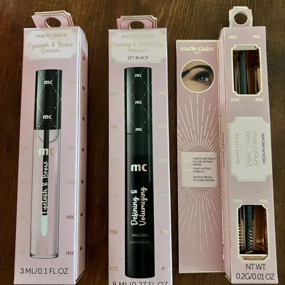 Marie Claire:Eyelash & Brow Serum, brow pencil: medium brown & Mascara: jetblack